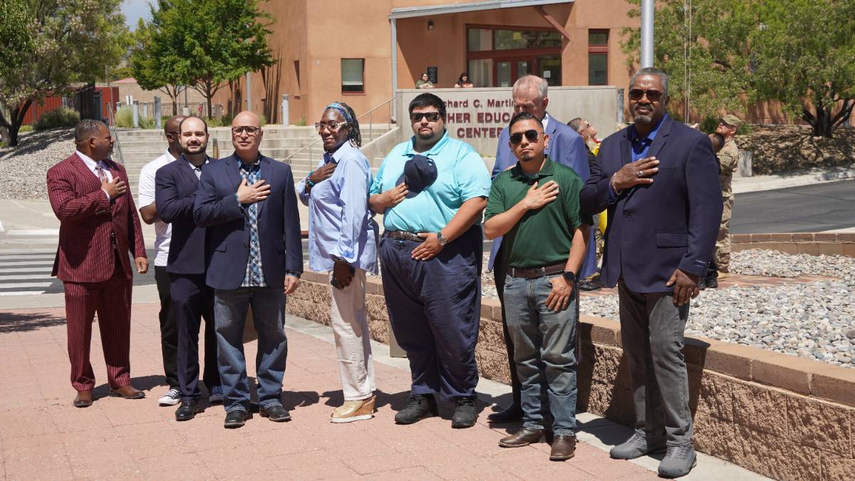 From left: New Mexico State Senator Harold Pope, Jerome Williams, retiring Drum Major Award recipient, Eric Chavez, Field Representative for Senator Ben Ray Luján, NNMC President Hector Baldez, Willie Williams, State Director of the New Mexico National Juneteenth Observance Foundation, Española City Councilor Sam LeDoux, NNMC Board of Regents Chair Michael Martin, AJ Pacheco, Field Representative for Congresswoman Teresa Leger Fernández and Dr. Cedric Hamilton, 2025 recipient of the Drum Major Award.